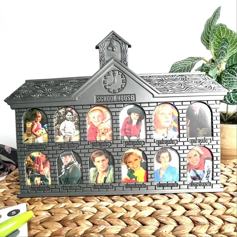 Vintage Pewter-Tone Cast Metal Schoolhouse Shaped Frame 12 Openings Original Box